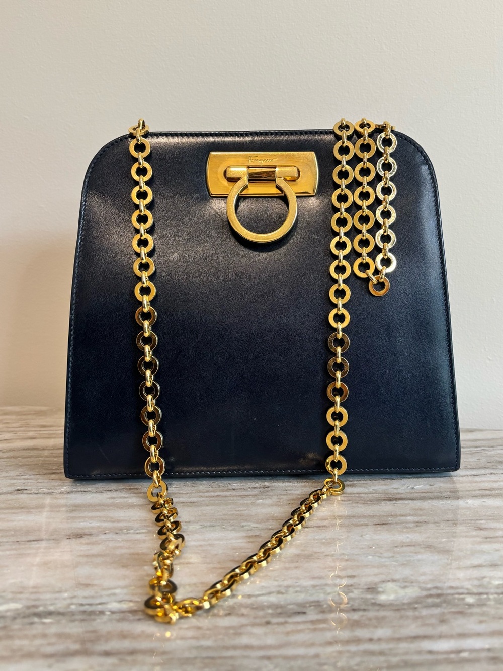 Salvatore Ferragamo Vintage Gancini Black Leather Chain Shoulder Bag Gold Italy